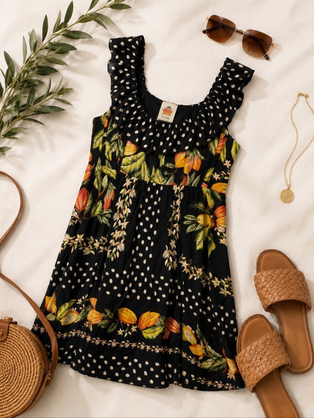 Farm Rio BlackTropical Polka Dot Sleeveless Ruffles Mini Dress. Ladies Xsmall